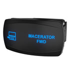 Front-right angle of Carling macerator FWD rocker switch showing illuminated blue label, plumbing icon, rear mount.