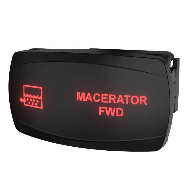 Angled front-right view of illuminated Macerator FWD rocker switch showing red legend and rear mounting clip