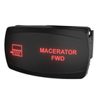 Angled front-right view of illuminated Macerator FWD rocker switch showing red legend and rear mounting clip