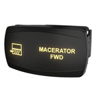Angled front-right view of illuminated MACERATOR FWD rocker switch with icon and side mounting clip