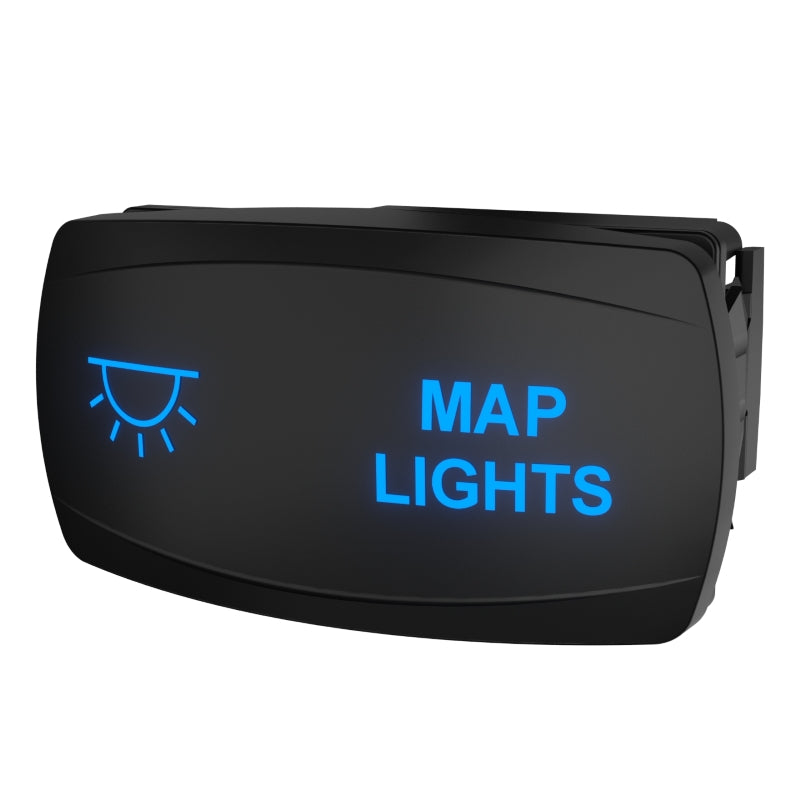 Front-angle view of illuminated MAP LIGHTS rocker switch showing blue backlit legend and partial side connector.