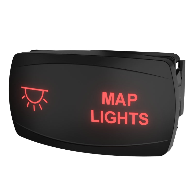 Carling map-light rocker switch, angled front-right view with illuminated red label and side mounting clip