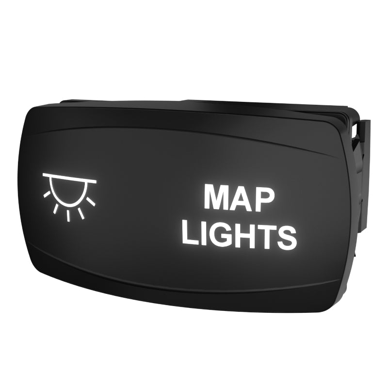 Angled front view of illuminated MAP LIGHTS rocker switch showing lit legend and rear mounting clip.