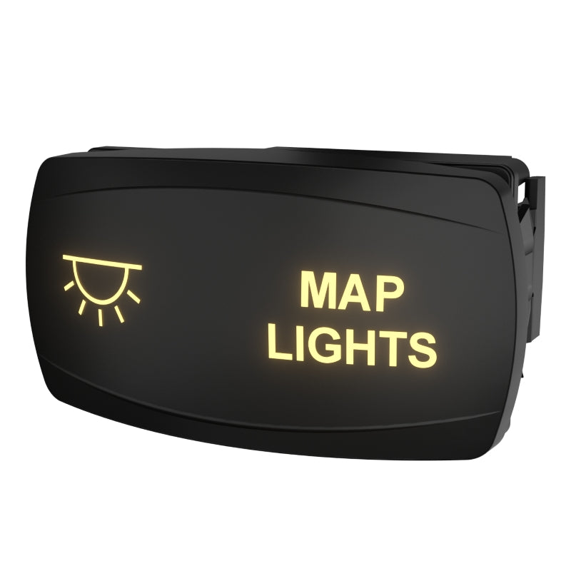 Front-angled view of Carling rocker switch labeled MAP LIGHTS, showing backlit icon and side mounting clip.