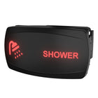 Carling illuminated 'SHOWER' rocker switch, angled front, red backlit icon/text, rear mounting clip visible