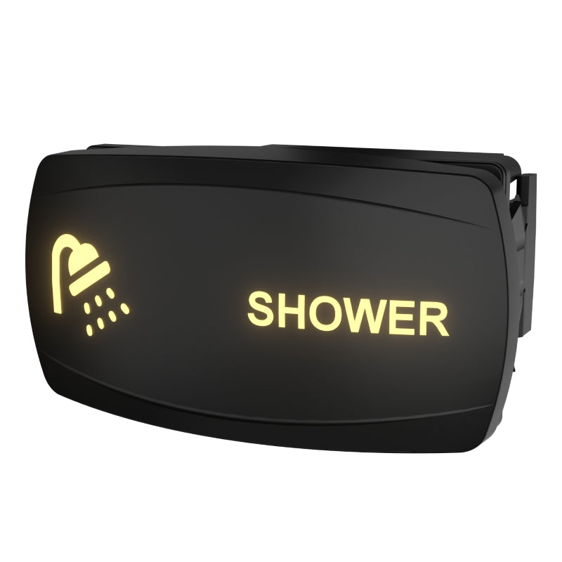 Backlit rocker switch labeled 'SHOWER' with shower icon, angled side/rear view showing mounting clip