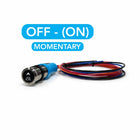 Jack Plate UP momentary switch front-angle showing labeled face, blue connector and coiled multicolor wires