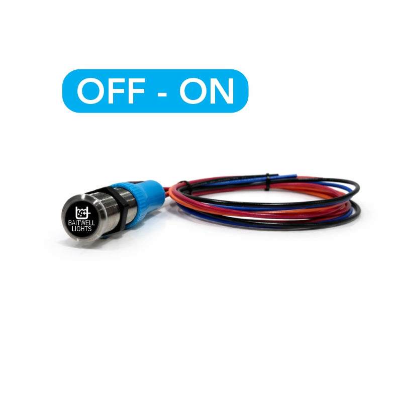 Baitwell LTS 2 metal push-button with blue connector, coiled multicolor wires and OFF-ON label.