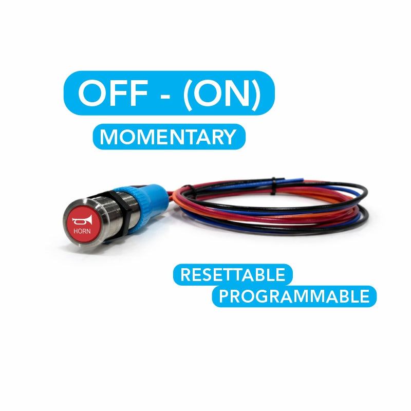 Front/side view of horn pushbutton with red actuator, exposed coiled wires and connector.