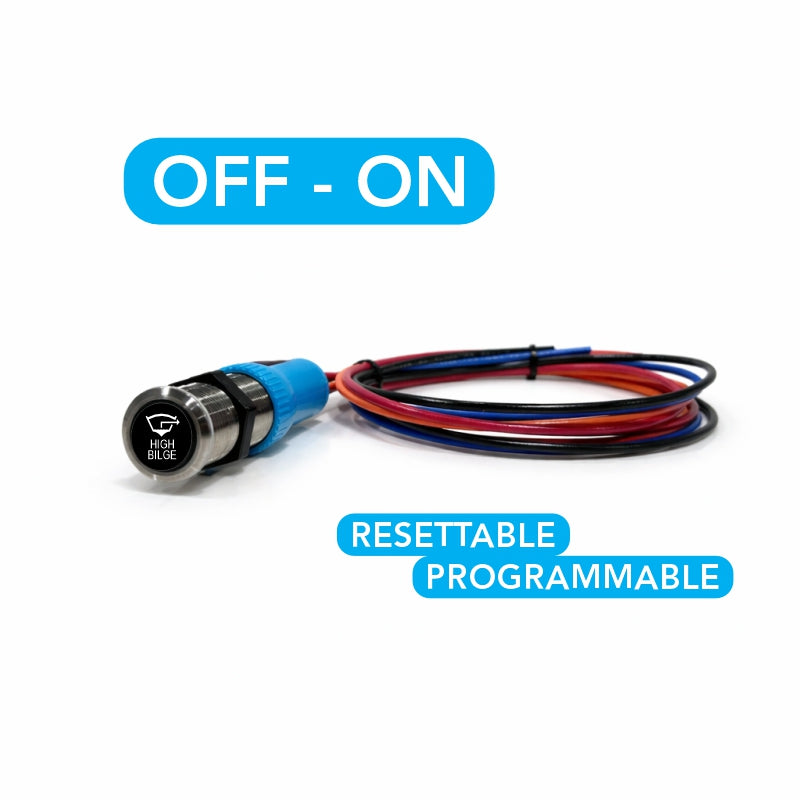 Rear view of HIGH BILGE switch showing labeled cap, mounting nut, blue connector and coiled wires.