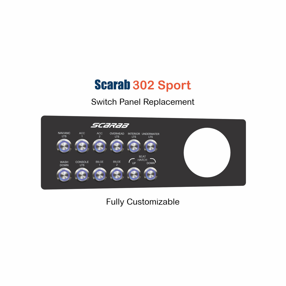 Scarab 302 Sport switch panel replacement, black dash plate with labeled light switches
