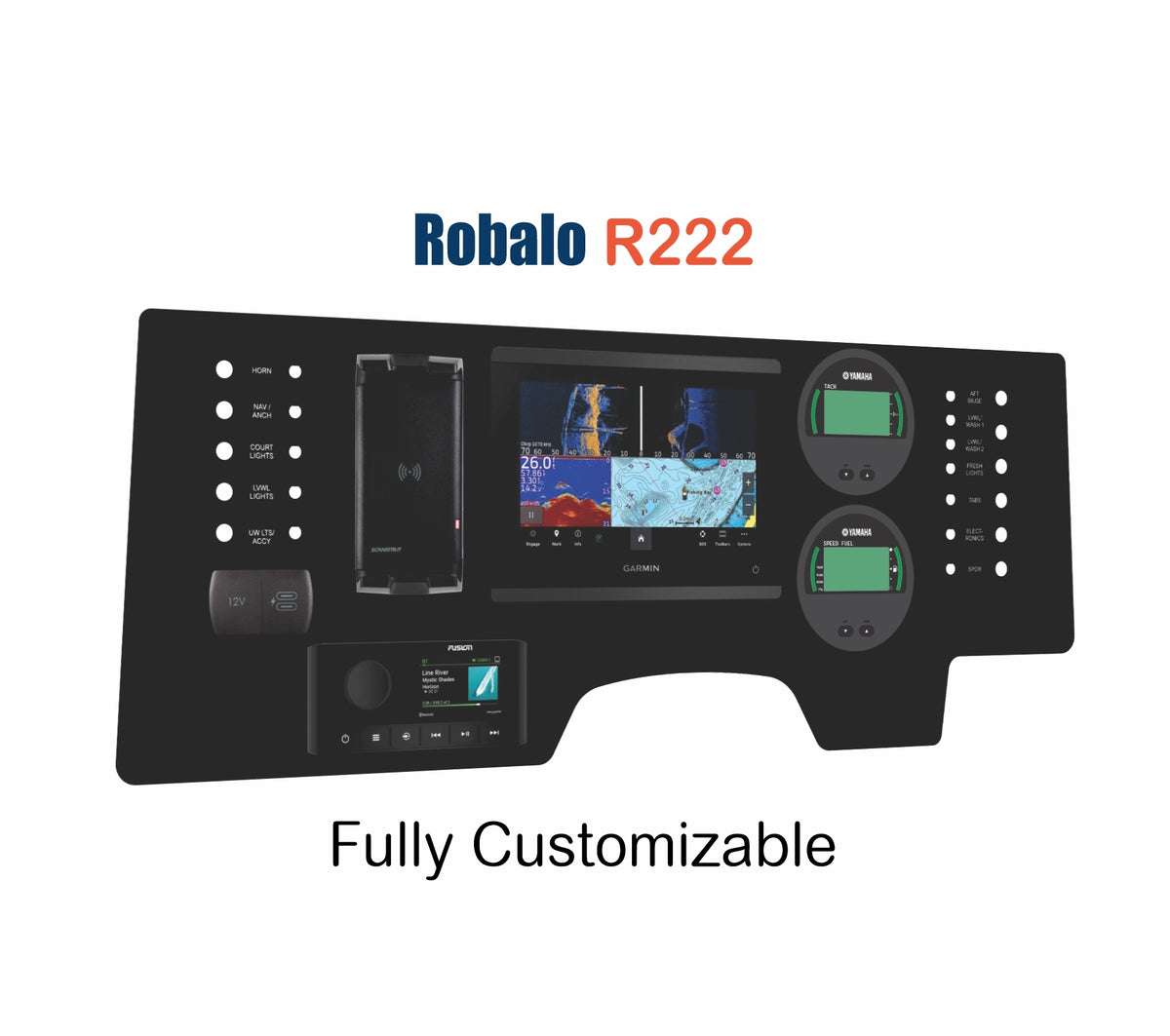 Robalo R222 black dash panel with pre-cut instrument openings and labeled switch legends (HORN, NAV/ANC)