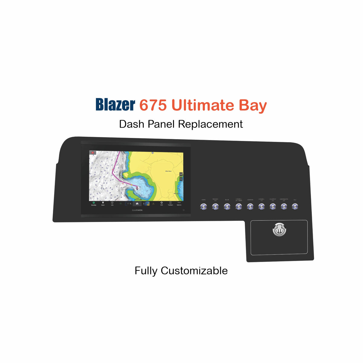 Blazer Bay 675 Ultimate Bay dash panel with Garmin cutout, labeled rocker switches and glove box.