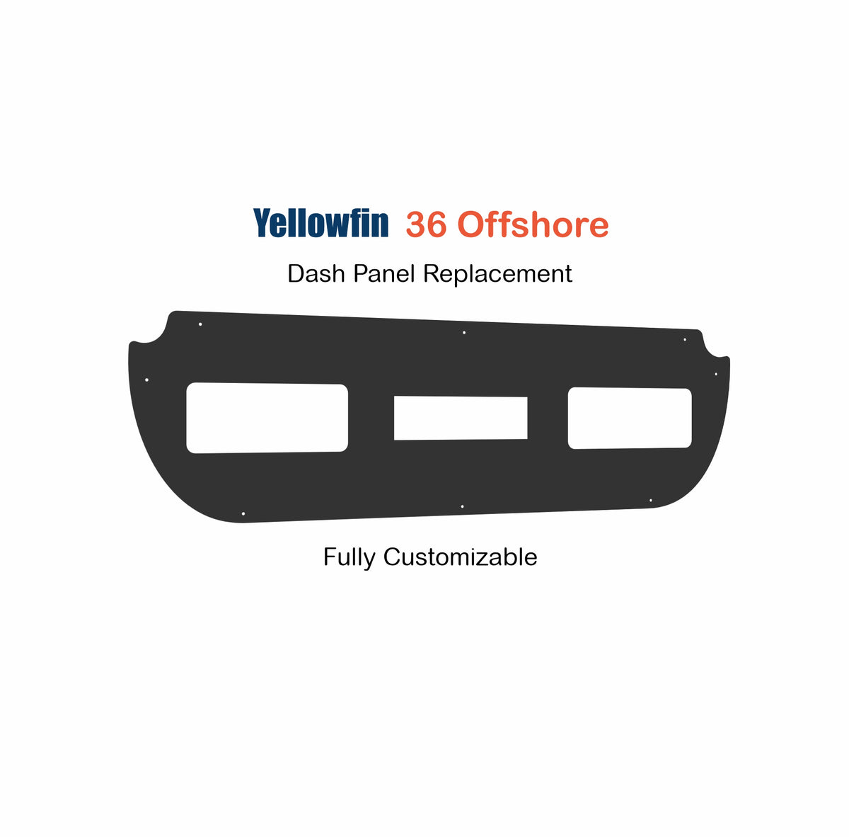 Yellowfin dash panel front silhouette showing cutout layout, mounting screw holes and three rectangular gauge openings
