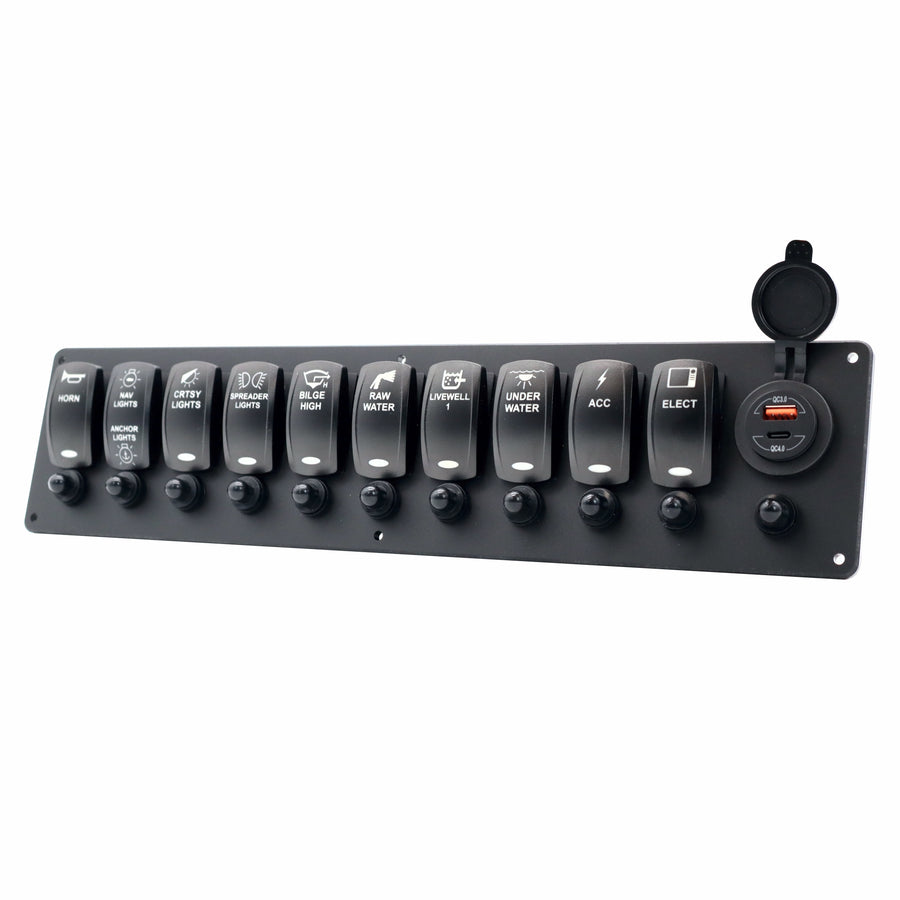 10 Switch Blacklit Ready Contura V Panel w/ Breakers & USB