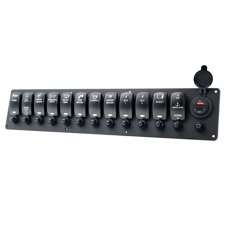 12 Switch Blacklit Ready Contura V Panel w/ Breakers & USB