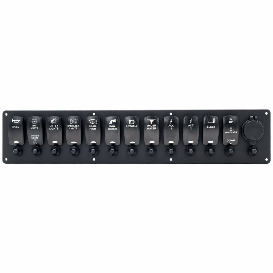 12 Switch Blacklit Ready Contura V Panel w/ Breakers & USB
