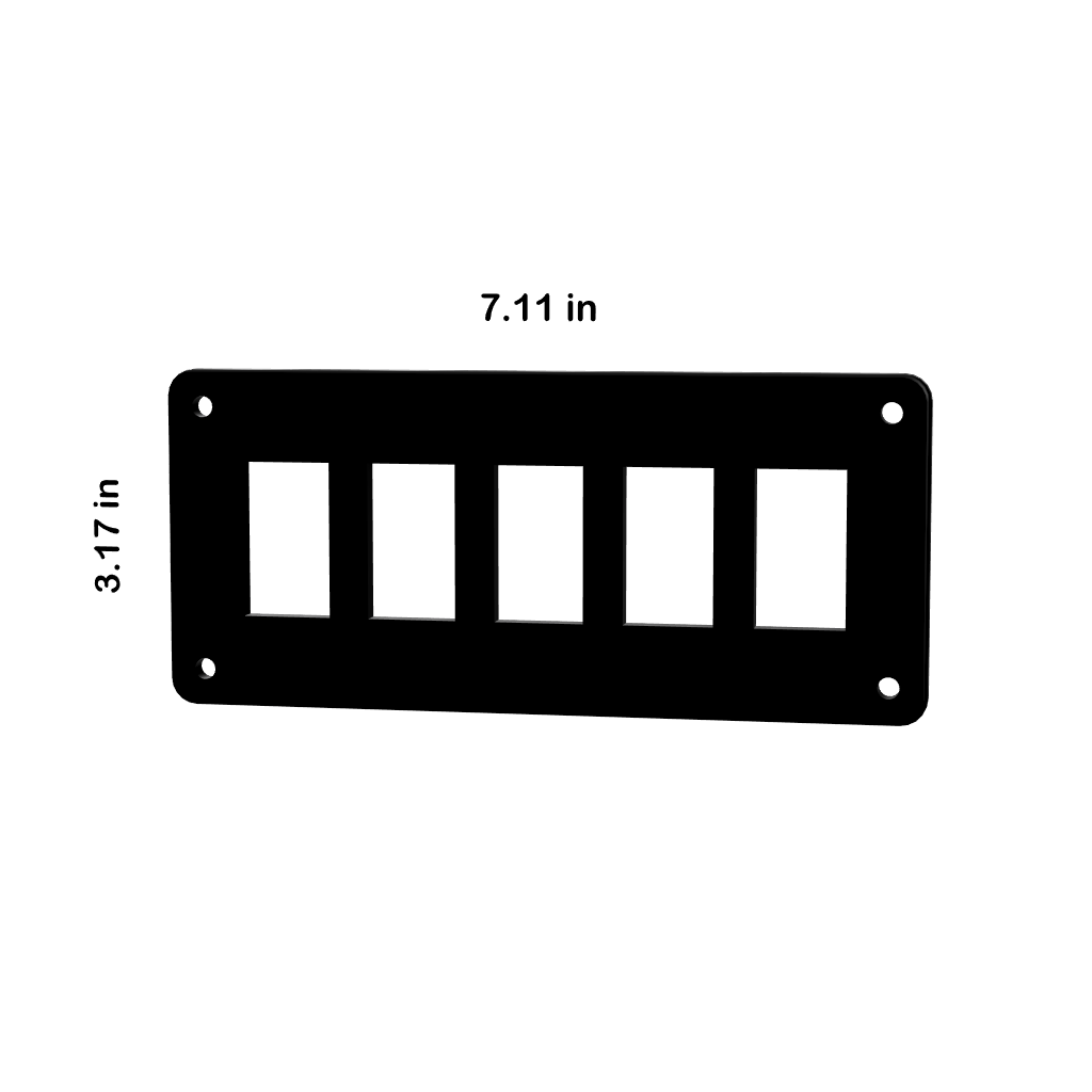 Contura five-slot rocker switch panel silhouette showing mount holes and dimensions 7.11×3.17 in