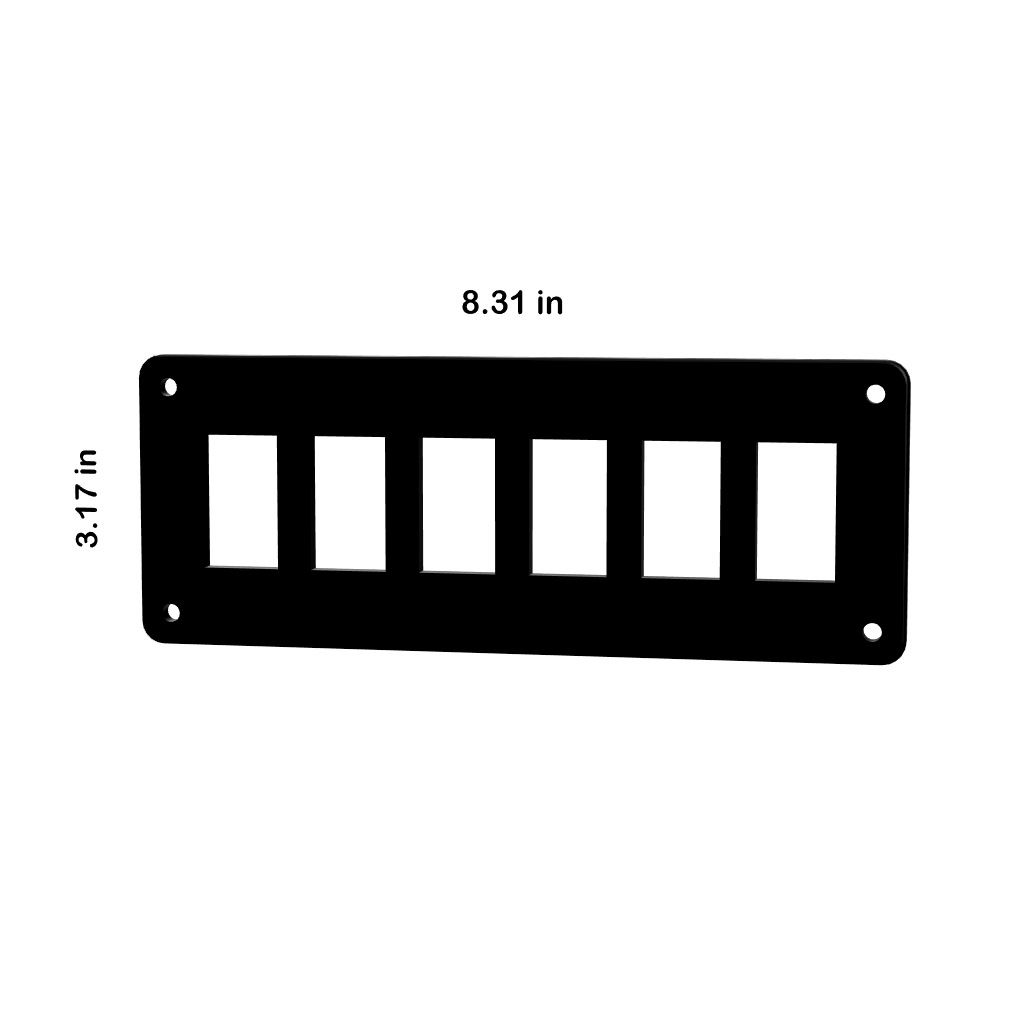 Contura Switch Blank Panel front showing six rectangular cutouts, four corner holes and 8.31×3.17 in