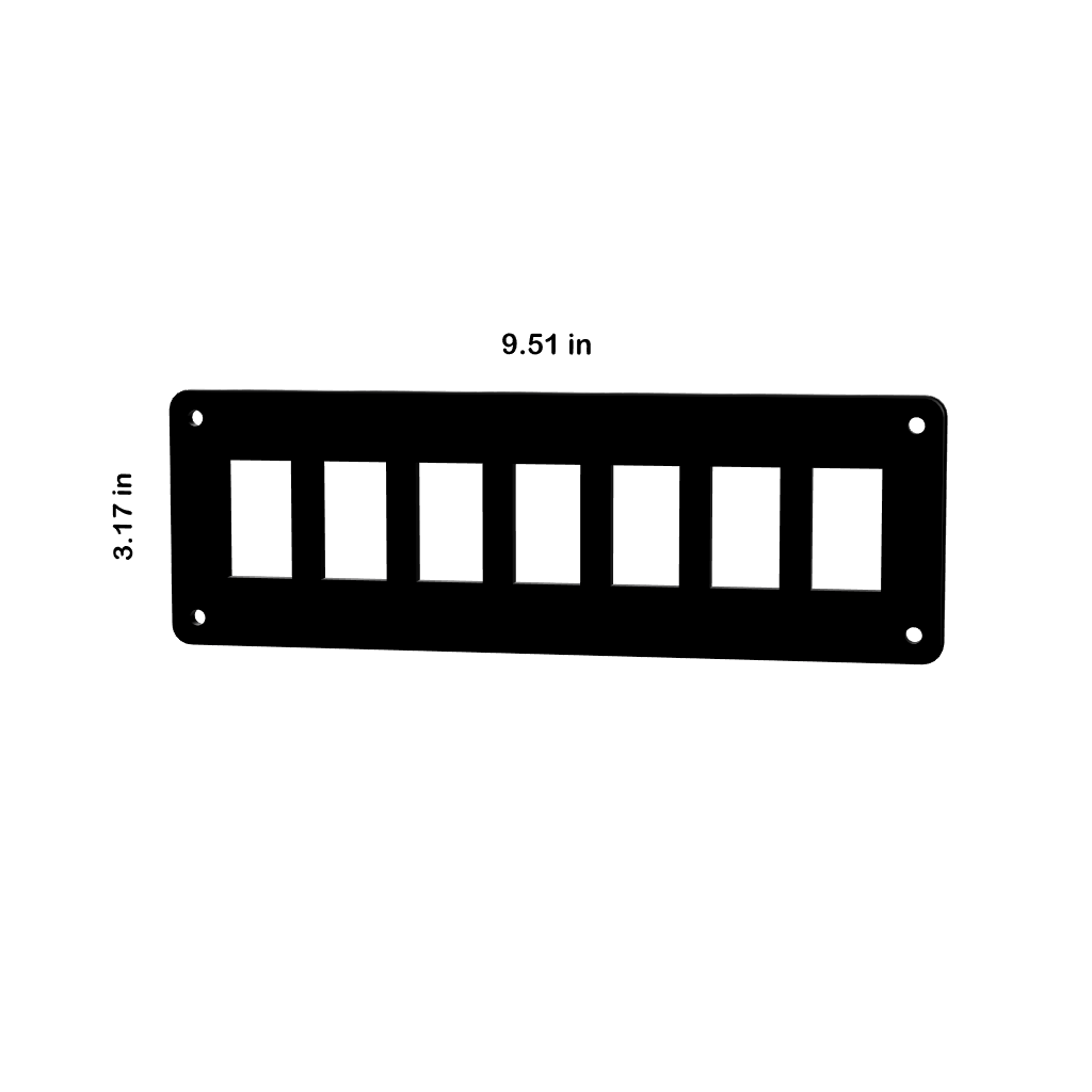Front view of Contura rocker switch blank panel showing seven cutouts and mounting holes, labeled 9.51×3.17 in