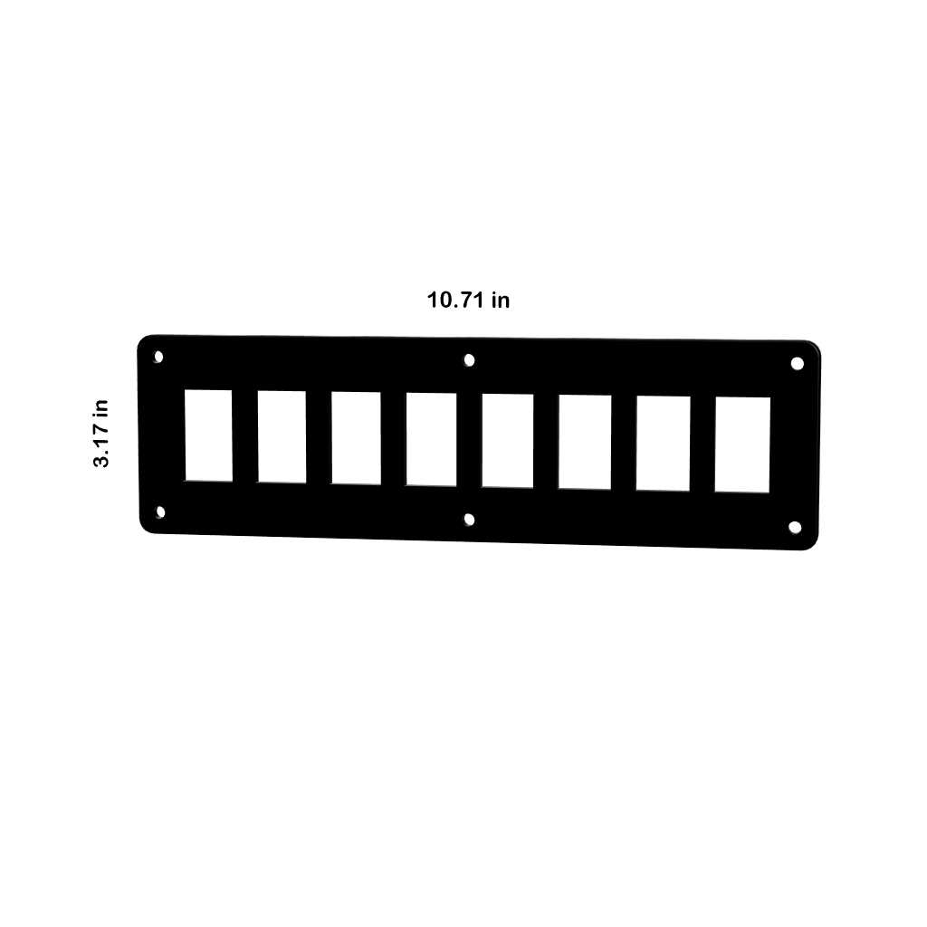 Front view of Contura rocker switch blank panel: eight cutouts, mounting holes, dimensions 10.71×3.17 in