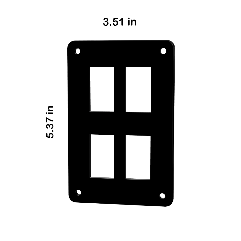 Contura rocker switch blank panel front with four rectangular cutouts, screw holes; dimensions 3.51×5.37 in