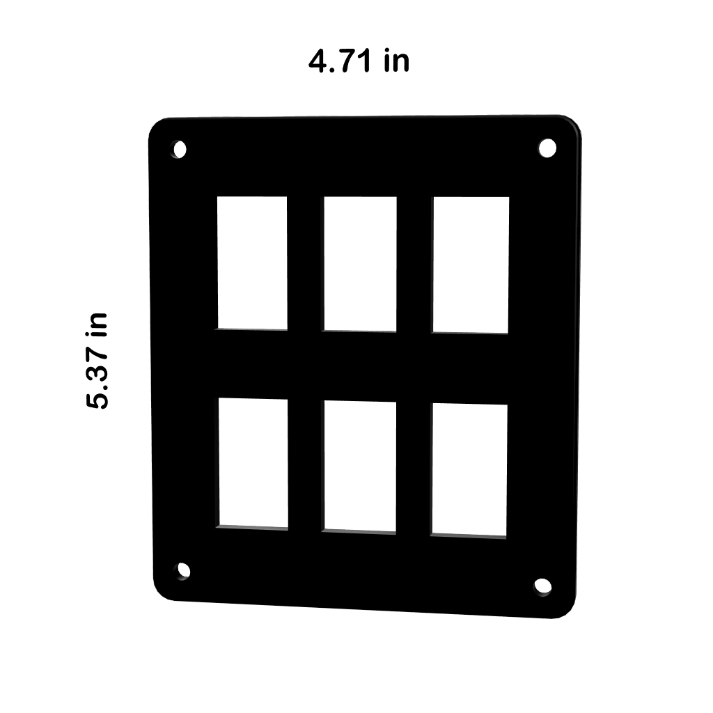 Contura switch blank panel front view with six cutouts, four corner mounting holes, dimensions 4.71×5.37 in
