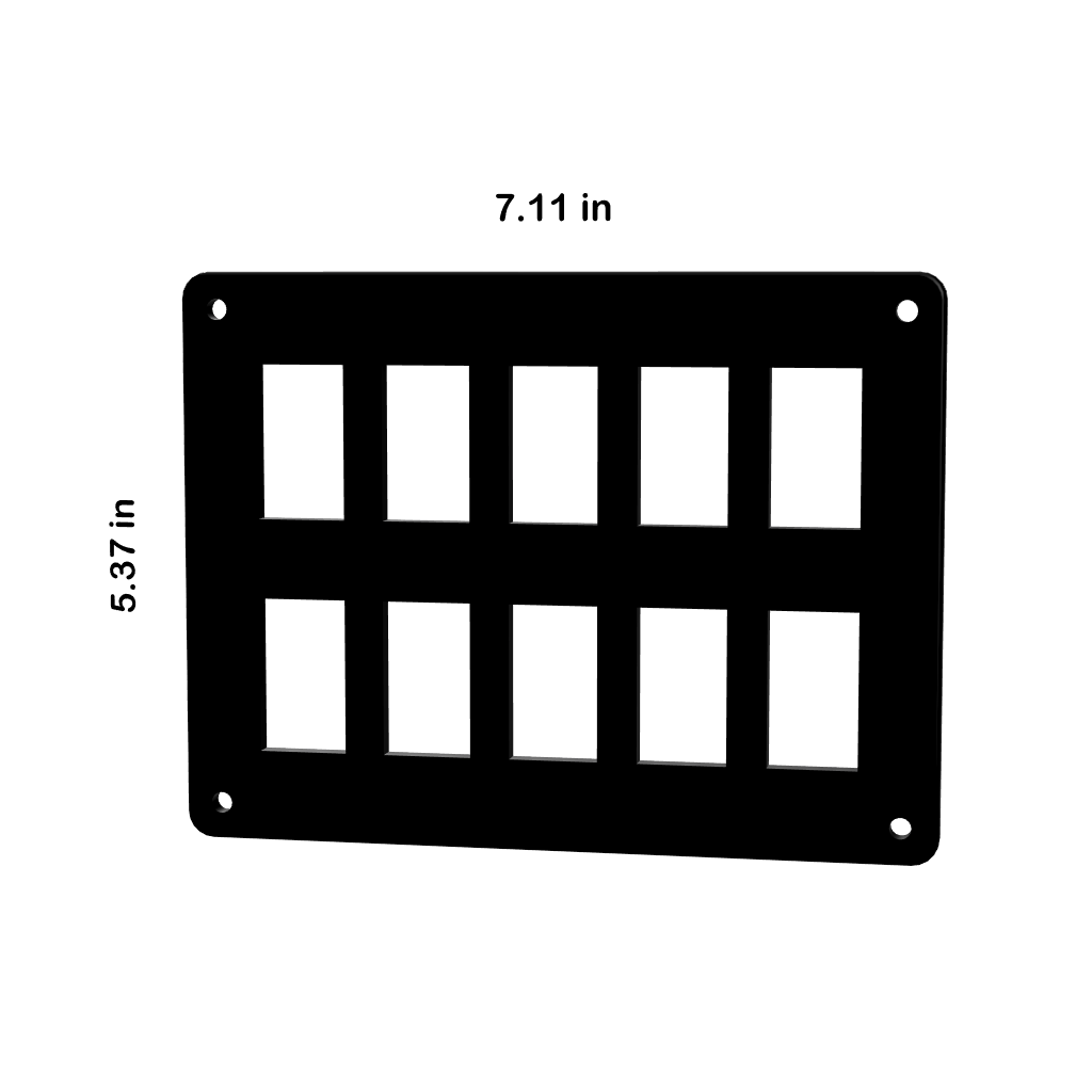 Front view of switch blank panel with ten cutouts, four corner mounting holes and dimensions 7.11 × 5.37 in