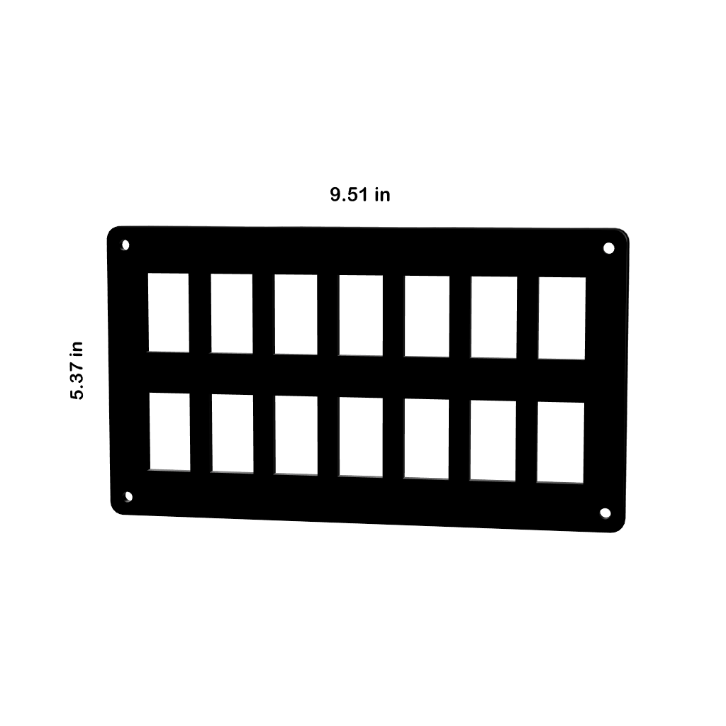 Contura switch blank panel front view showing 12 cutouts, corner mounting holes and dimensions 9.51 x 5.37 in