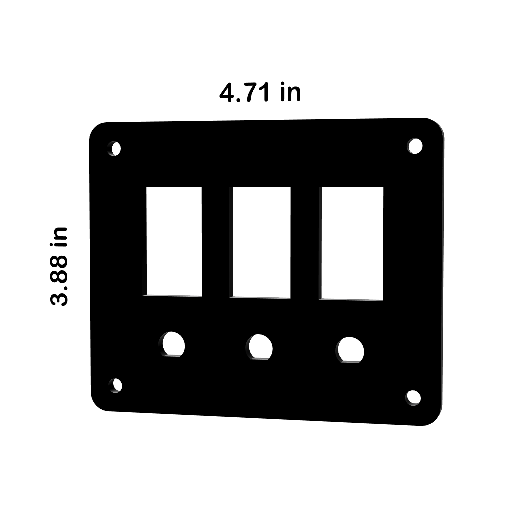 Angled front view of 3-gang blank switch panel showing rectangular and circular cutouts, corner screw holes, 4.71×3.88 in.