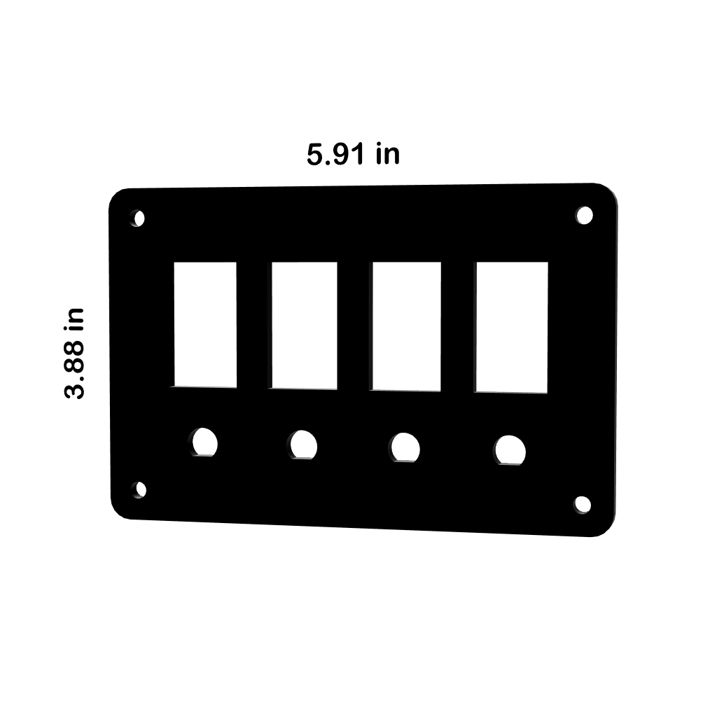 Front view of blank panel showing four rectangular switch cutouts, four round holes; 5.91×3.88 in.