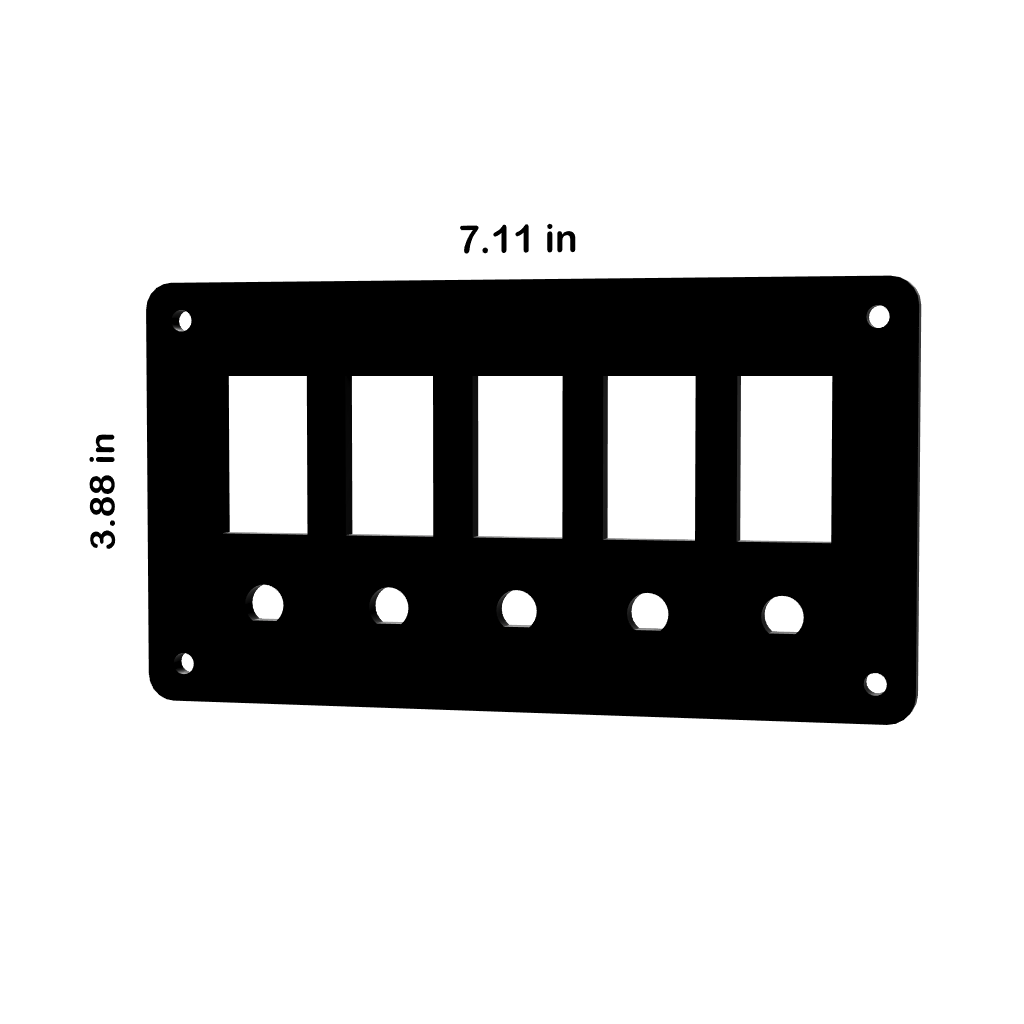 Contura blank switch/breaker panel, angled front view with five rectangular cutouts, mounting holes and 7.11×3.88 in.
