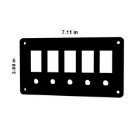 Contura blank switch/breaker panel, angled front view with five rectangular cutouts, mounting holes and 7.11×3.88 in.
