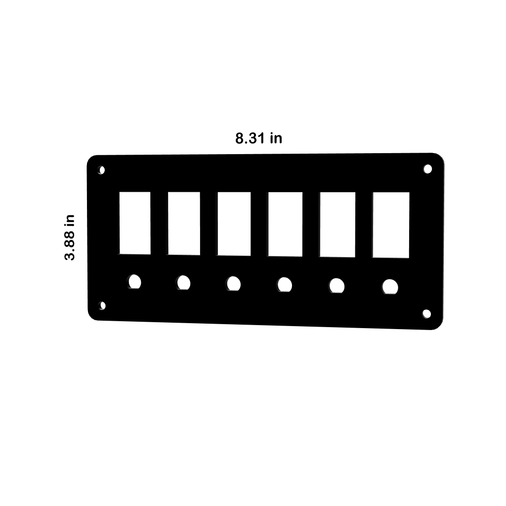 Front view of Contura blank panel with six switch cutouts, mounting holes; dimensions 8.31×3.88 in