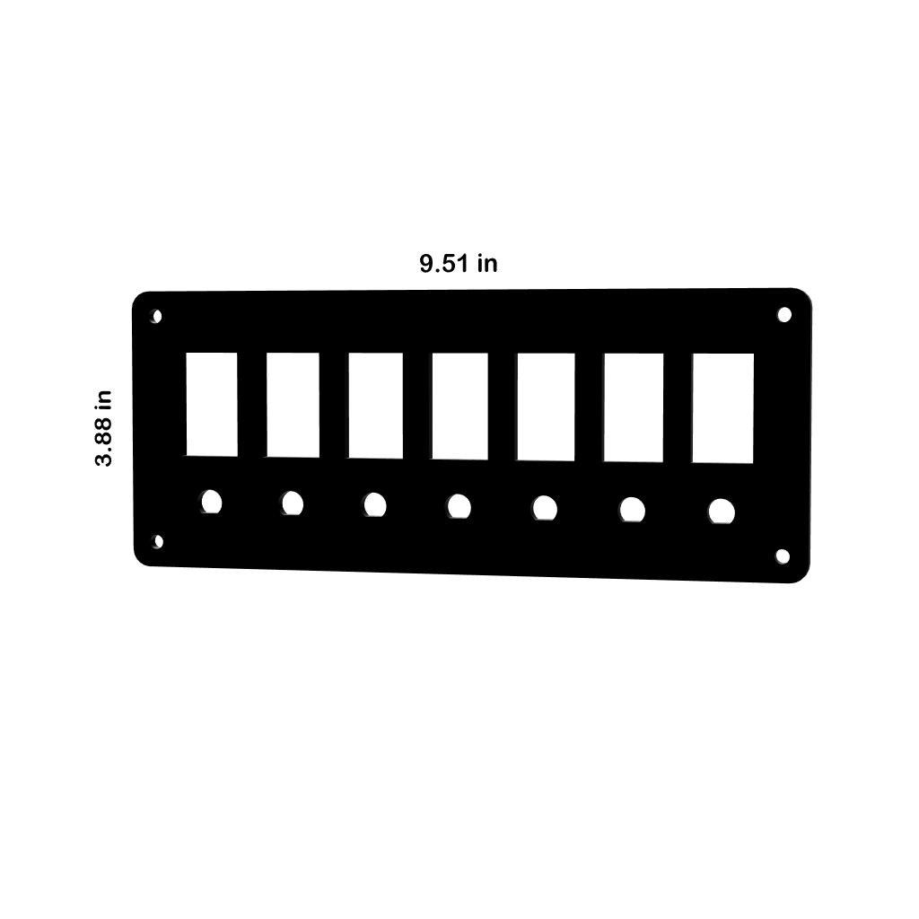 Front view of Contura blank panel showing seven cutouts, corner mounting holes and dimensions 9.51×3.88 in