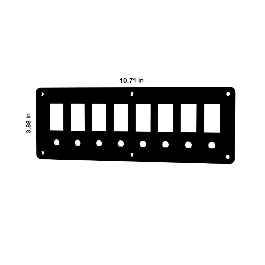 Front view of blank switch/breaker panel with 8 rect cutouts, 8 round holes; shows dimensions 10.71×3.88 in.