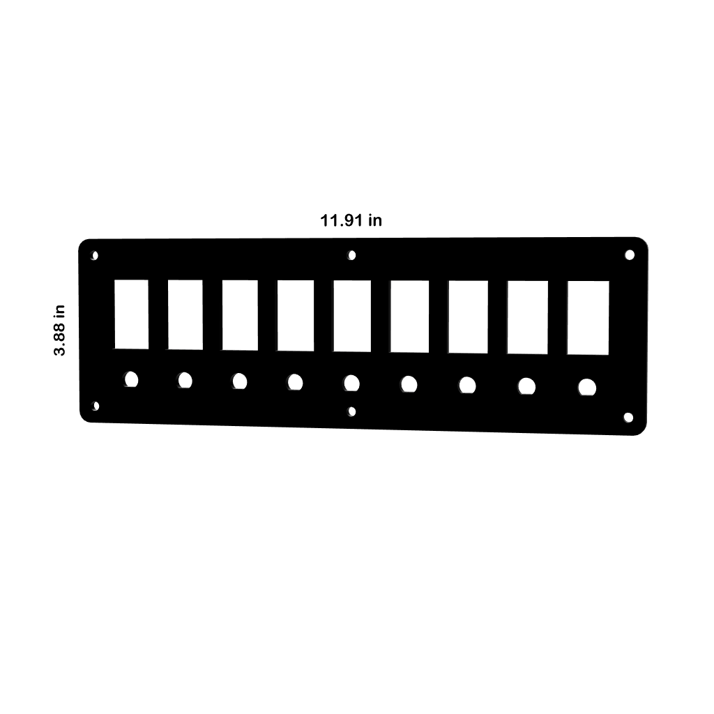 Front view of Contura blank panel with rectangular switch openings, round mounting holes and 11.91×3.88 in dimensions