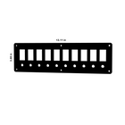 Front view of switch/breaker blank panel with 10 rocker cutouts, 10 round breaker holes, mounting holes; size 13.11×3.88 in.