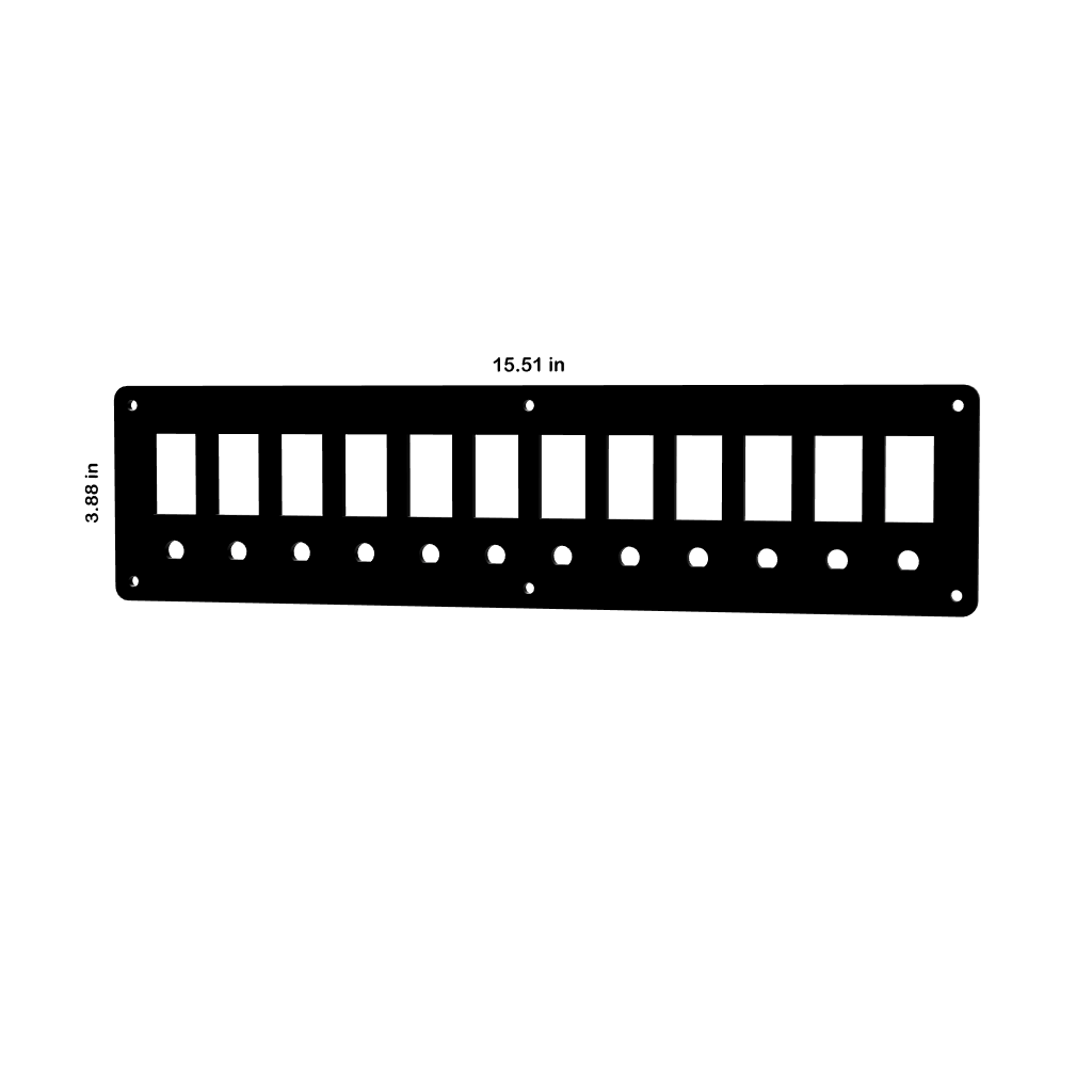 Front diagram of breaker blank panel with 12 rectangular cutouts, mounting holes, dimensions 15.51×3.88 in