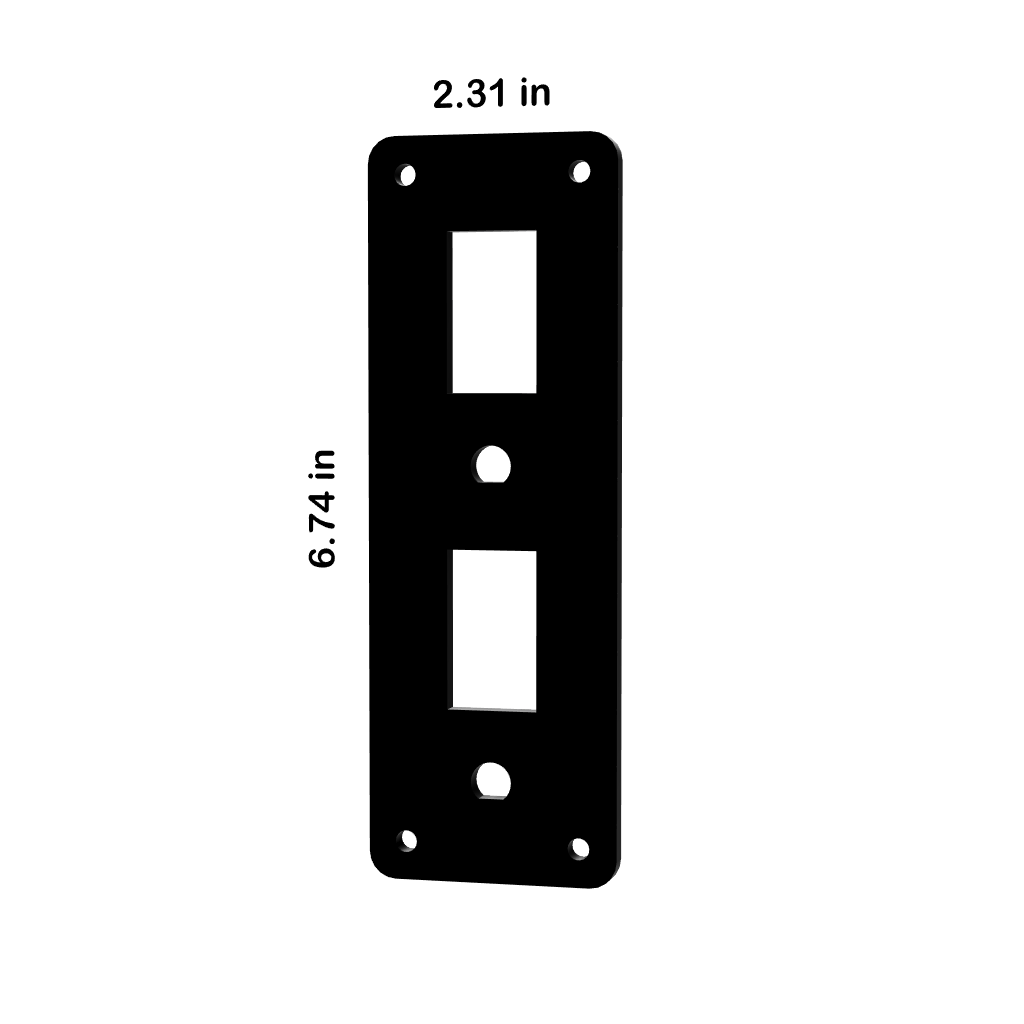 Front view of blank switch/breaker panel showing two rectangular openings, mounting holes, labeled 2.31×6.74 in
