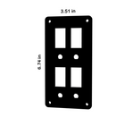 Angled Contura blank panel with 2×2 rectangular cutouts, round and corner screw holes, 3.51×6.74 in labels