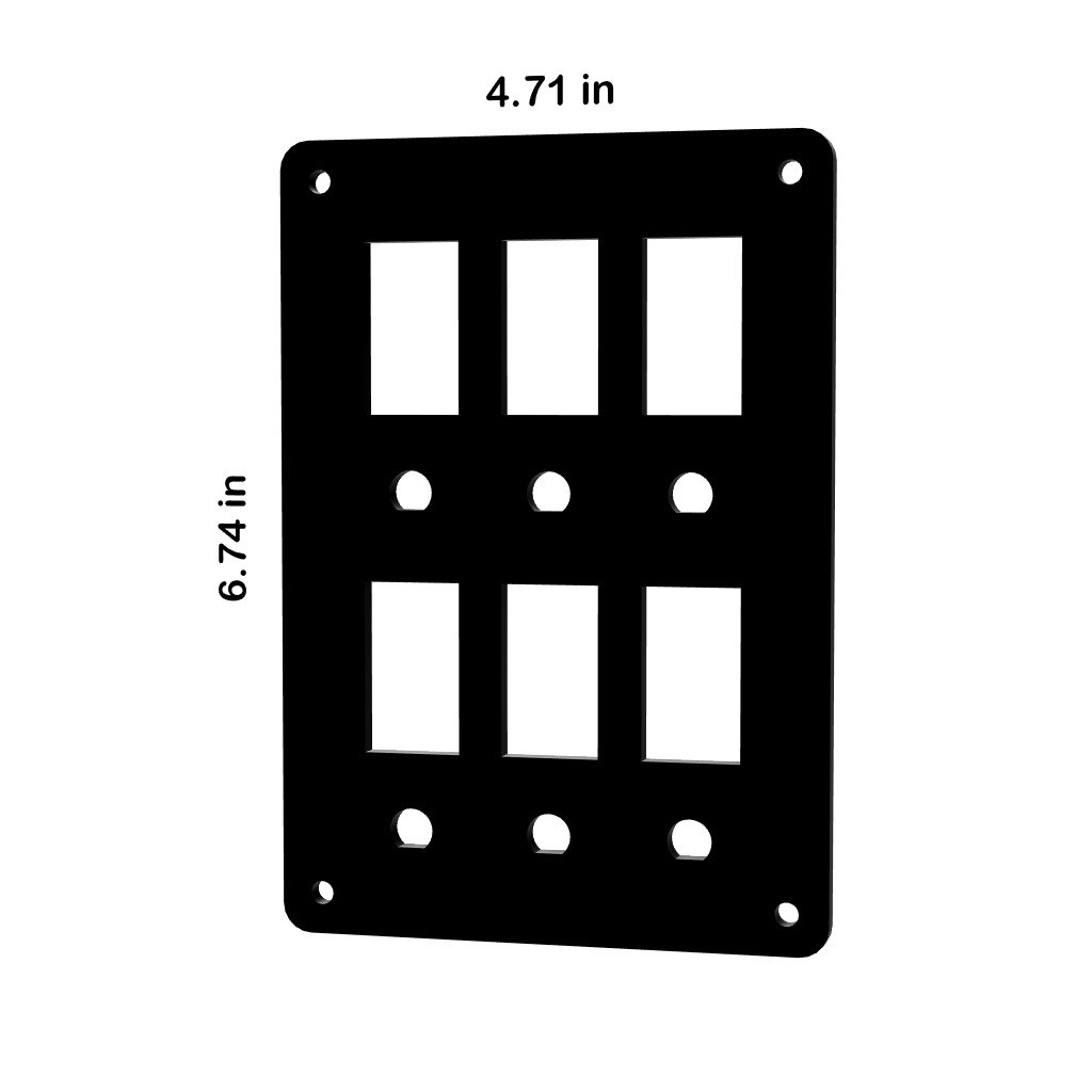 Front view of switch/breaker panel with six rectangular rocker cutouts, six round holes and printed 4.71×6.74 in dimensions