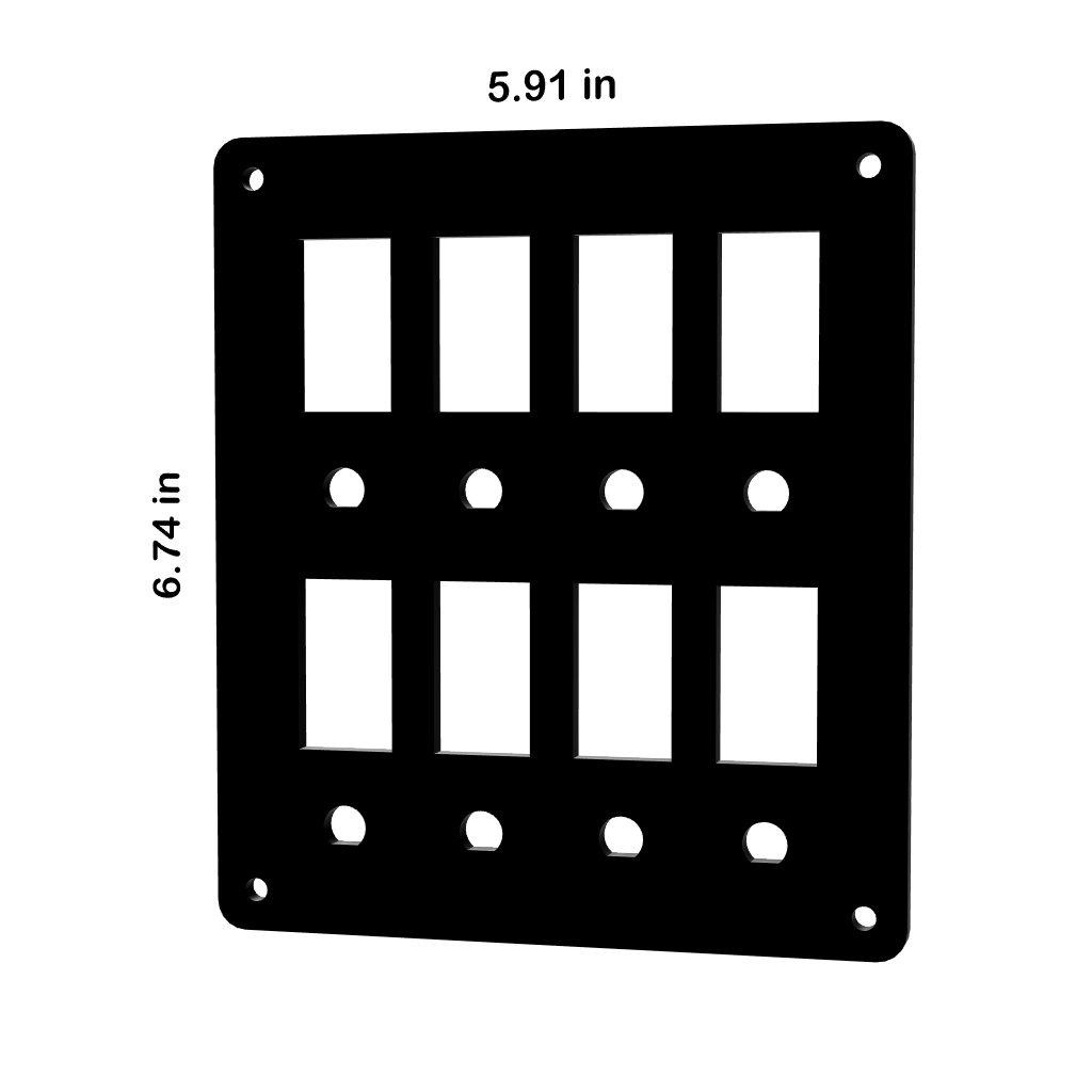 Front view of switch/breaker blank panel with eight rectangular cutouts, four round holes; 5.91×6.74 in.