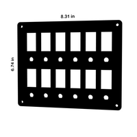 Front view of rocker switch/breaker panel: two rows of six cutouts, round holes, corner mounts, 8.31×6.74 in.