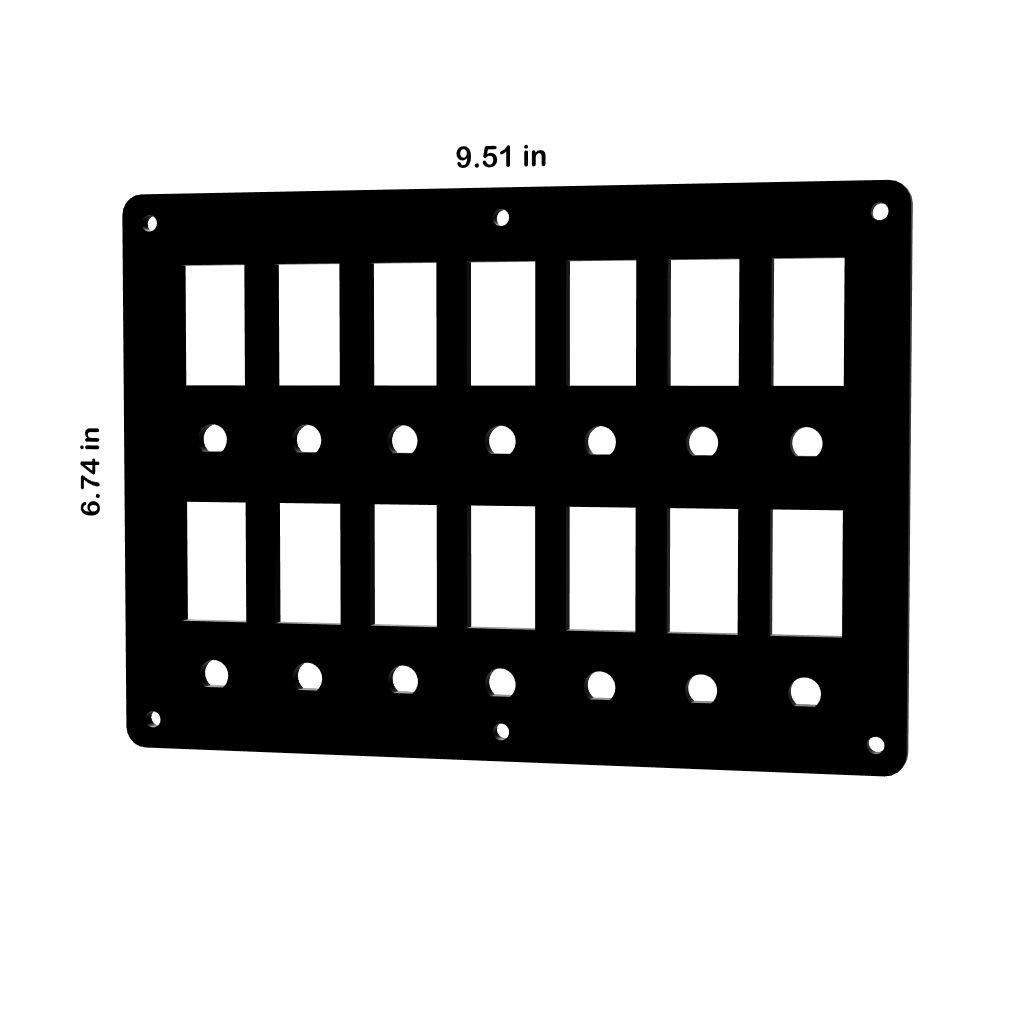 Front view of blank switch/breaker panel with rectangular and round cutouts, corner mounts, 9.51×6.74 in.