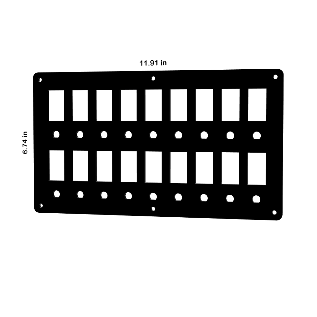 Front view of blank switch/breaker panel with rectangular cutouts, circular holes and 11.91×6.74 in dimensions