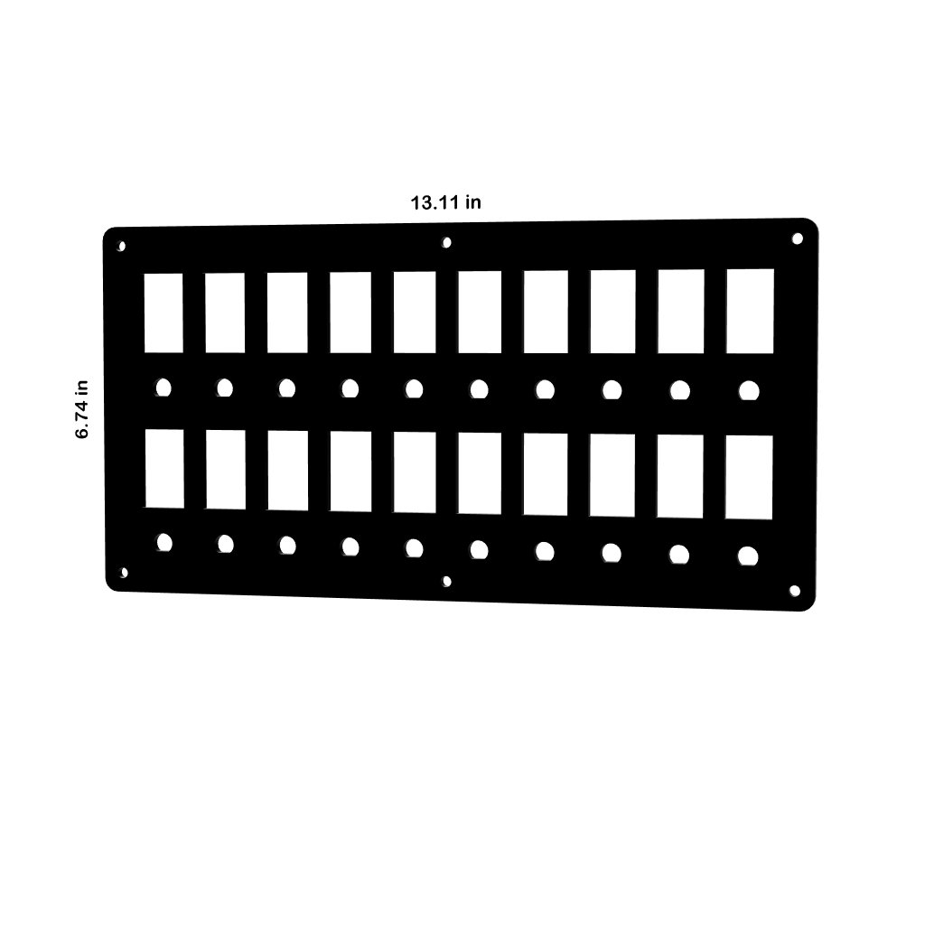 Front view of switch/breaker blank panel showing cutouts, mounting holes and dimensions 13.11×6.74 in