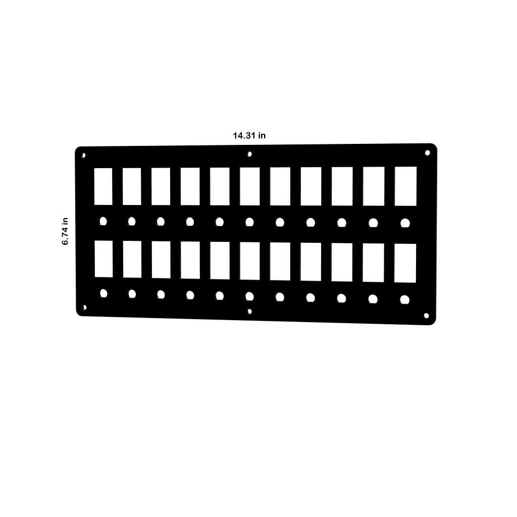 Blank switch/breaker panel front: rectangular rocker cutouts, round mounting holes; 14.31 x 6.74 in