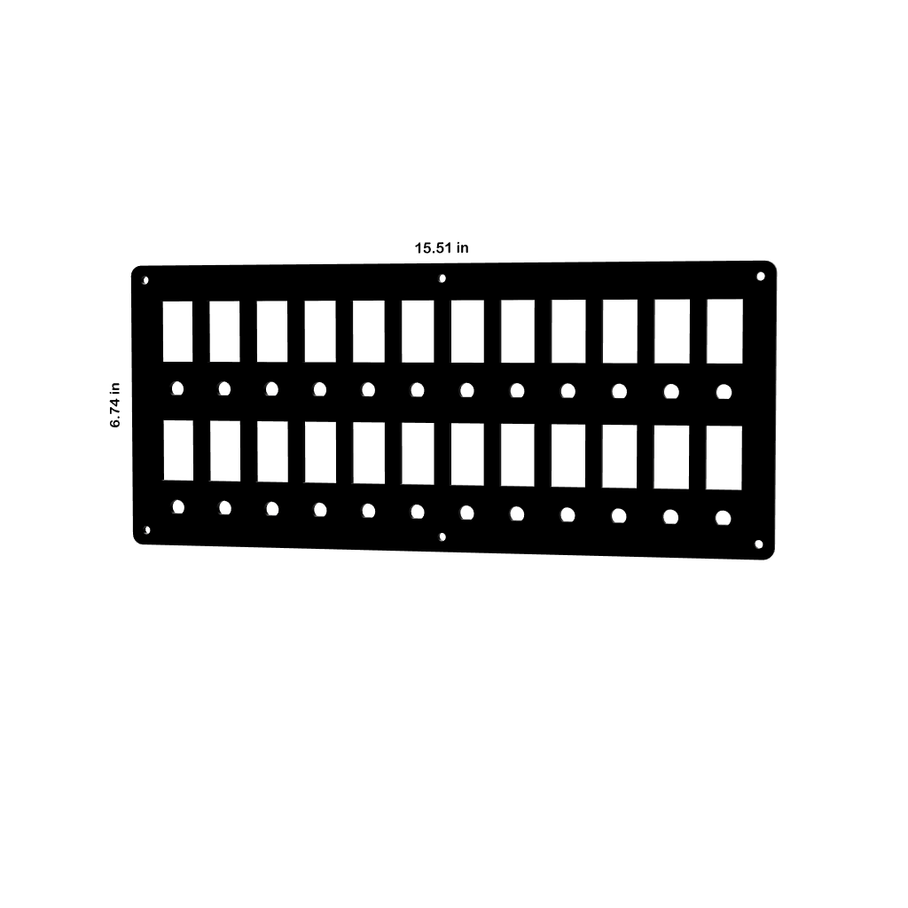 Front view of black breaker blank panel showing two rows of slots, round mounting holes, 15.51×6.74 in