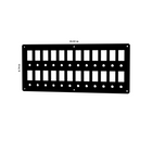 Front view of black breaker blank panel showing two rows of slots, round mounting holes, 15.51×6.74 in